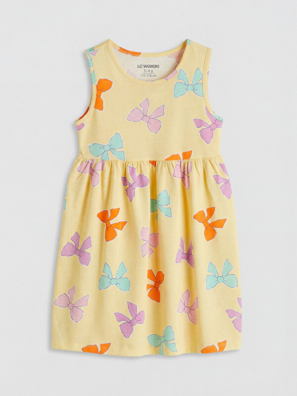 LCW Kids Crew Neck Bow Patterned Girls' Dress