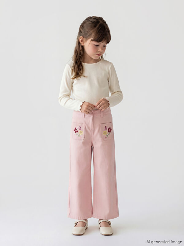 LCW Kids Wideleg Kız Çocuk Nakışlı Gabardin Pantolon