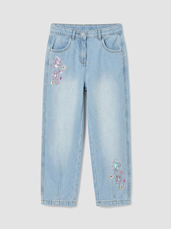 LCW Kids Embroidered Loose Fit Girls' Jean Trousers
