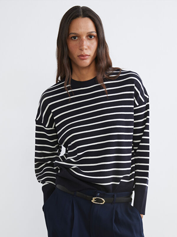 LCW Vision Rundhalsausschnitt Gestreifter Für Damen Strickpullover