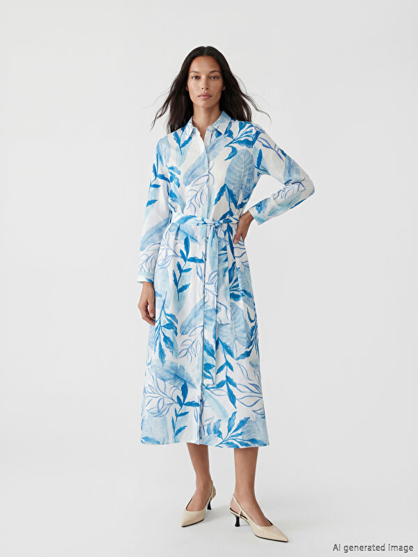 LCW EVERYDAY Belted Waist Patterned Shirt Dress