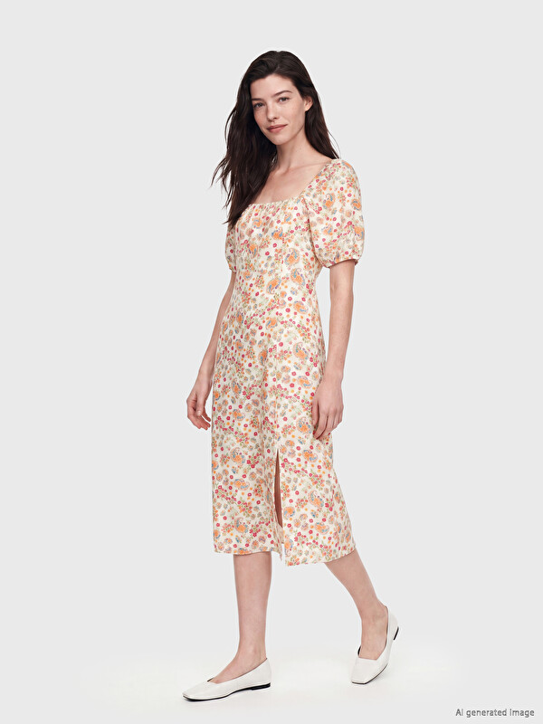 LCW Comfort Square Neck Floral Slit Dress
