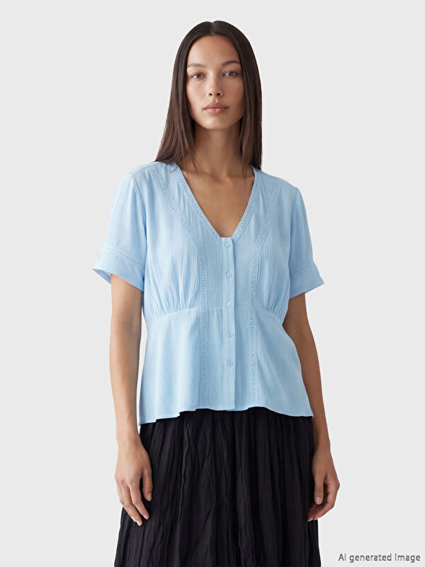 LCW EVERYDAY Damen V-Ausschnitt Bestickte Gerüschte Bluse
