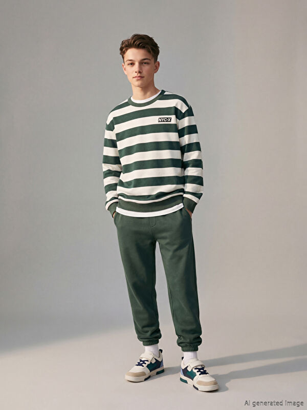 LCW Kids Bisiklet Yaka Çizgili Erkek Çocuk Sweatshirt ve Eşofman Altı