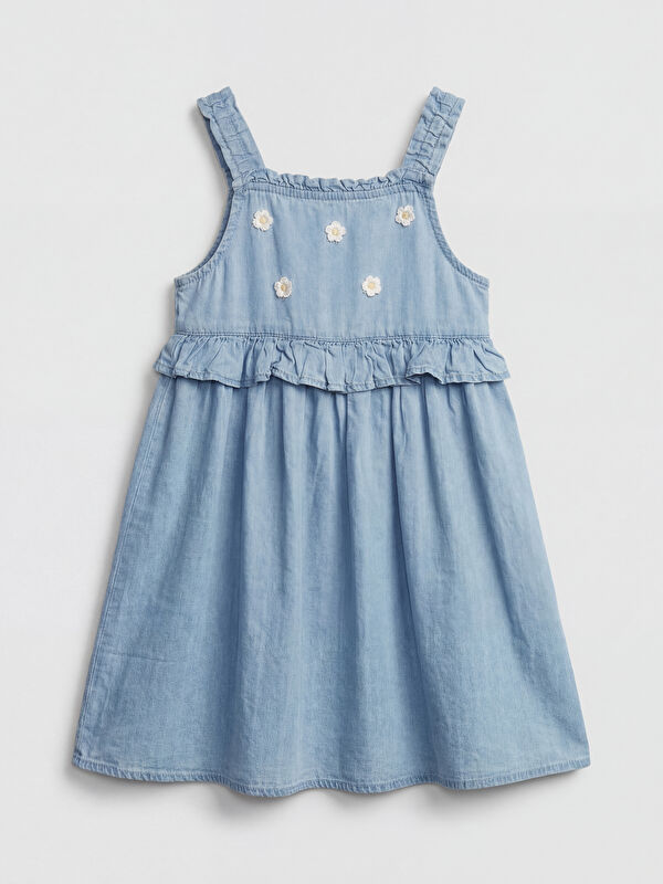 LCW Kids Square Neck Embroidered Ruffled Girls' Denim Dress