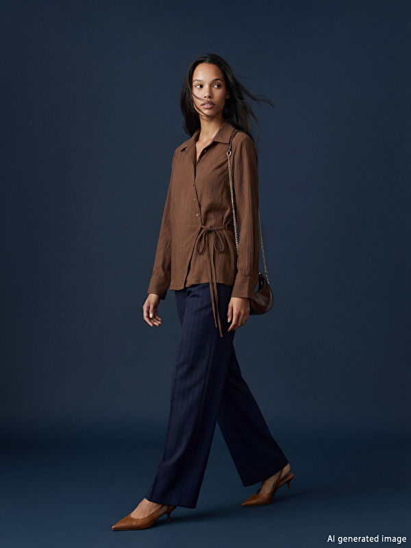 LCW STUDIO Women's Striped Pleated Trousers with an Elastic Waist