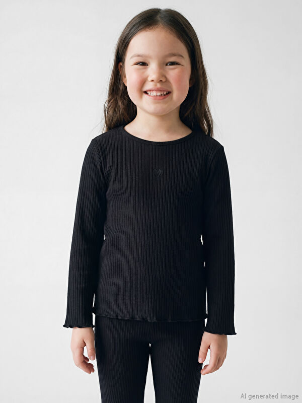 LCW Kids Kalp Nakışlı Kız Çocuk Fitilli Tişört