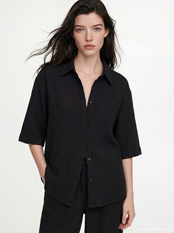 LCW Comfort Dokulu Oversize Müslin Kadın Gömlek