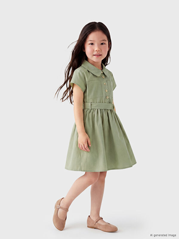 LCW Kids Gömlek Yaka Kız Çocuk Poplin Elbise ve Kemer