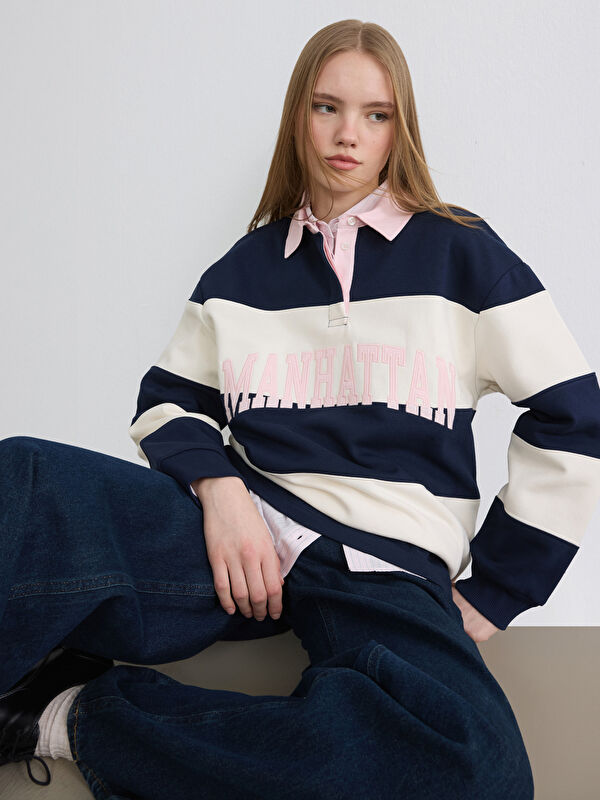 XSIDE Polo Yaka Nakışlı Oversize Kadın Kalın Sweatshirt