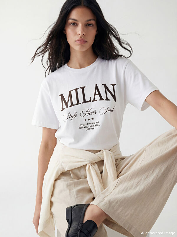 XSIDE Bisiklet Yaka Milan Nakışlı Kadın Tişört