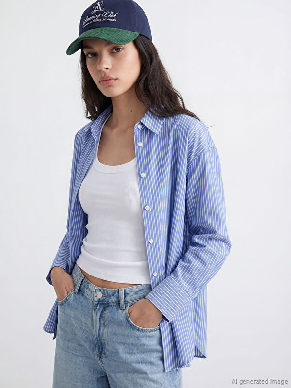 XSIDE Çizgili Oversize Oxford Kadın Gömlek