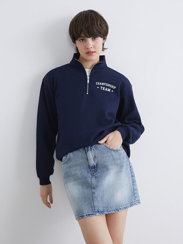 XSIDE Dik Yaka Baskılı Oversize Kadın Kalın Sweatshirt