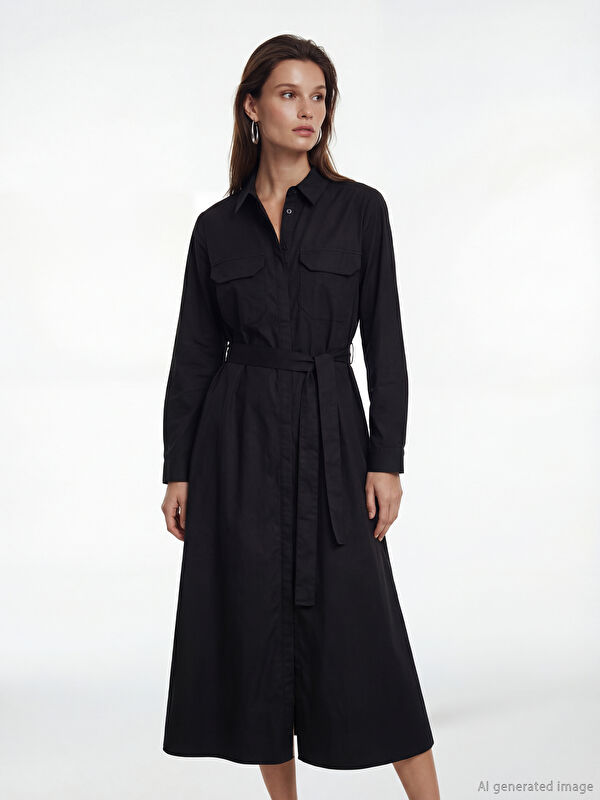 LCW Modest Kuşaklı Poplin Gömlek Elbise