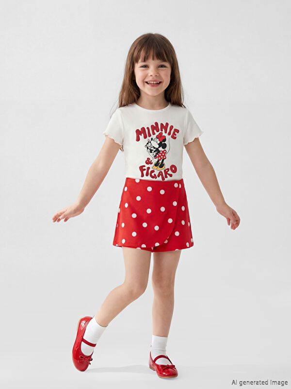 LCW Kids Minnie Mouse Baskılı Kız Çocuk Tişört ve Şort Etek
