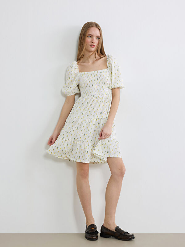 XSIDE Floral Balloon Sleeve Ruched Mini Dress