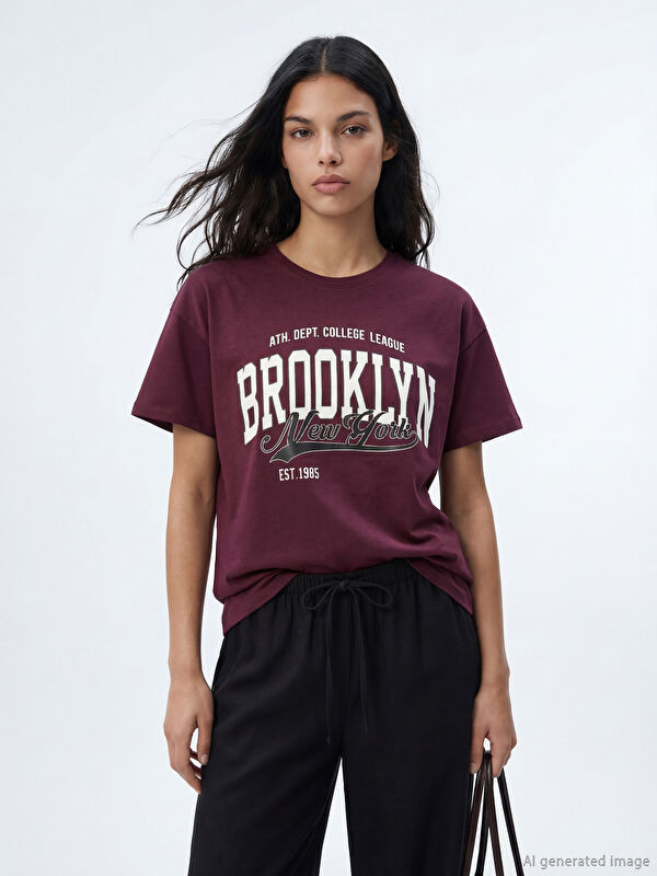 XSIDE дөңгелек жағалы brooklyn жазулы әйелдер футболкасы
