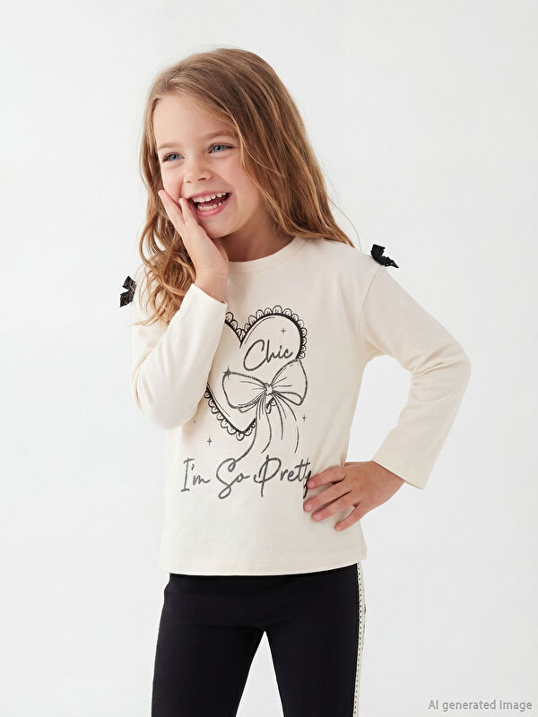 LCW Kids Ekru Bisiklet Yaka Baskılı Kız Çocuk Takım - S6KD64Z1-FRC