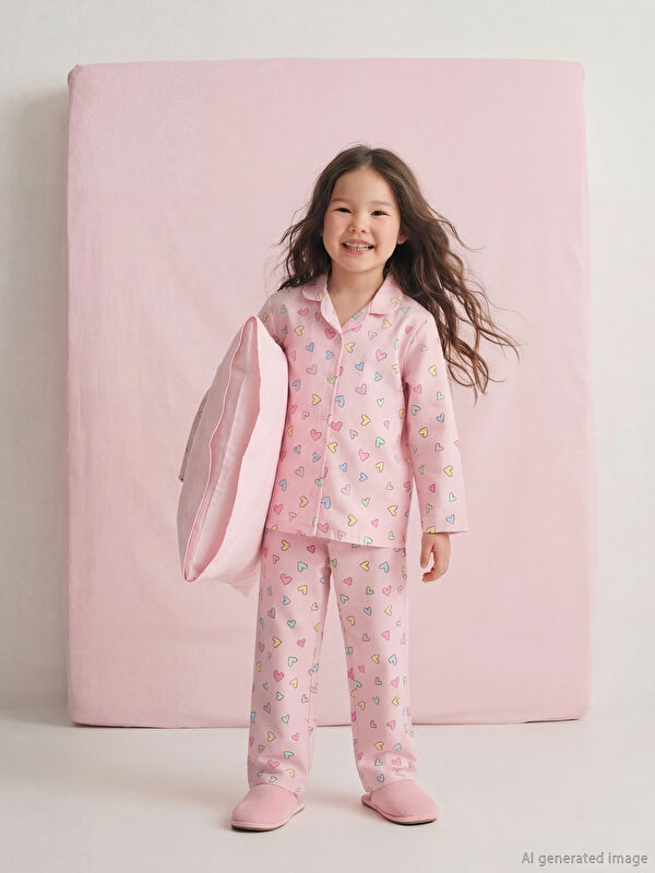 LCW Kids Gömlek Yaka Kalp Baskılı Kız Çocuk Pijama Takım
