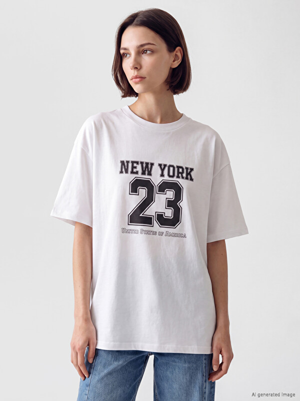 LCW Modest T-shirt à col rond imprimé New York pour femme