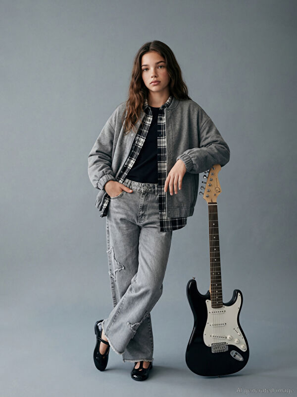 LCW Kids Baggy Fit Nakışlı Kız Çocuk Jean Pantolon