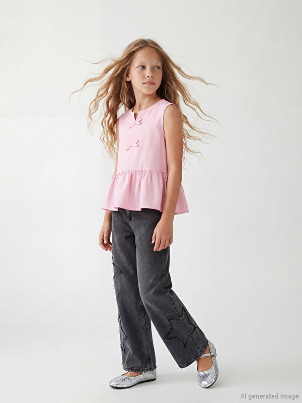 LCW Kids Baggy Fit Nakışlı Kız Çocuk Jean Pantolon