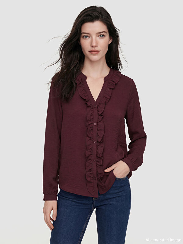 LCW Comfort Kaçık Yaka Fırfırlı Bluz