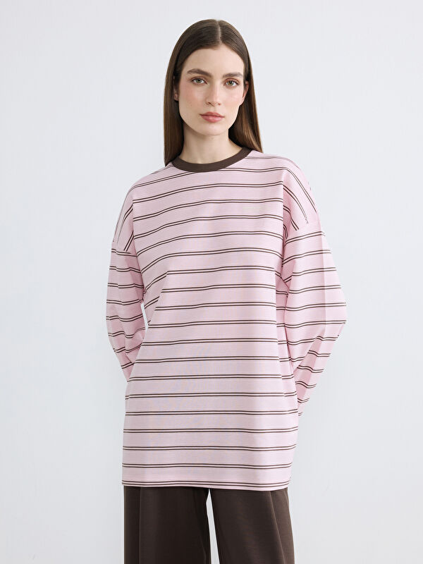 LCW Modest Bisiklet Yaka Çizgili Kadın Sweatshirt Tunik