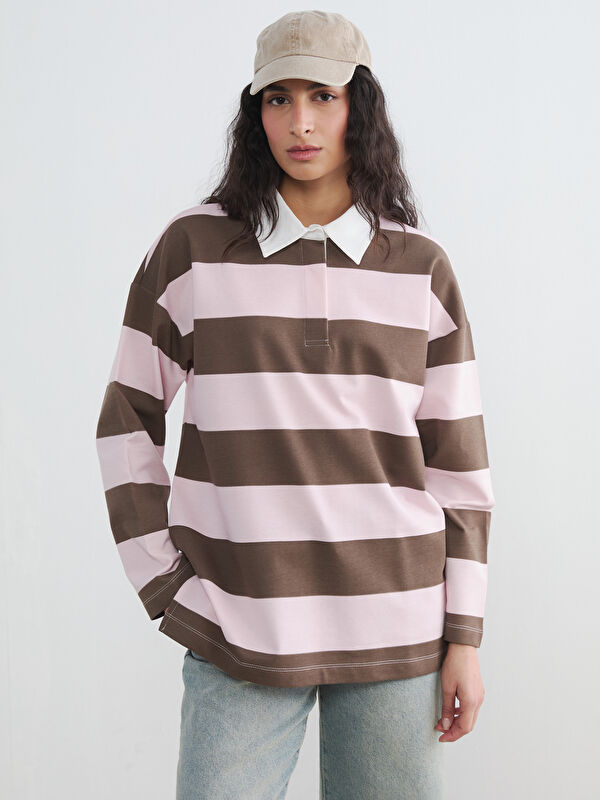 LCW Modest Polo Yaka Çizgili Oversize Kadın Sweatshirt