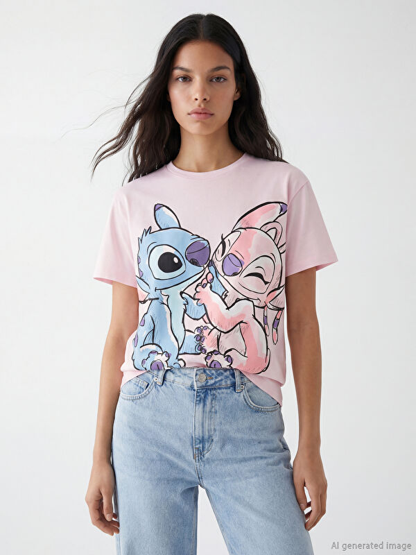 XSIDE Bisiklet Yaka Stitch ve Angel Baskılı Kadın Tişört