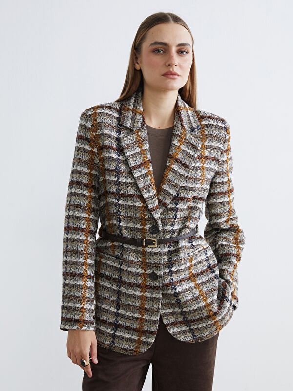LCWAIKIKI Classic Ekose Kemerli Kadın Tüvit Blazer Ceket