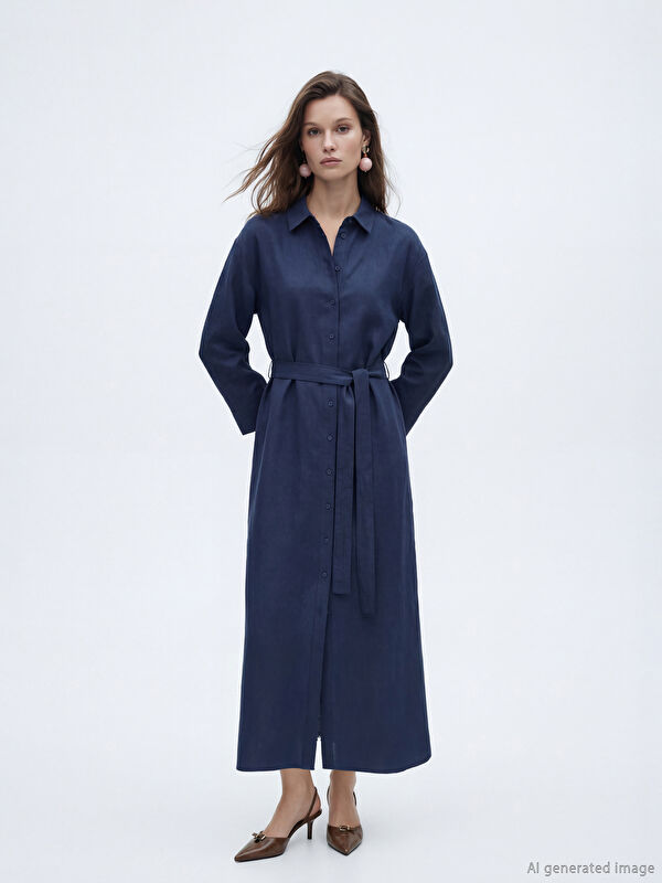 LCW Modest Kuşaklı Keten Karışımlı Gömlek Elbise