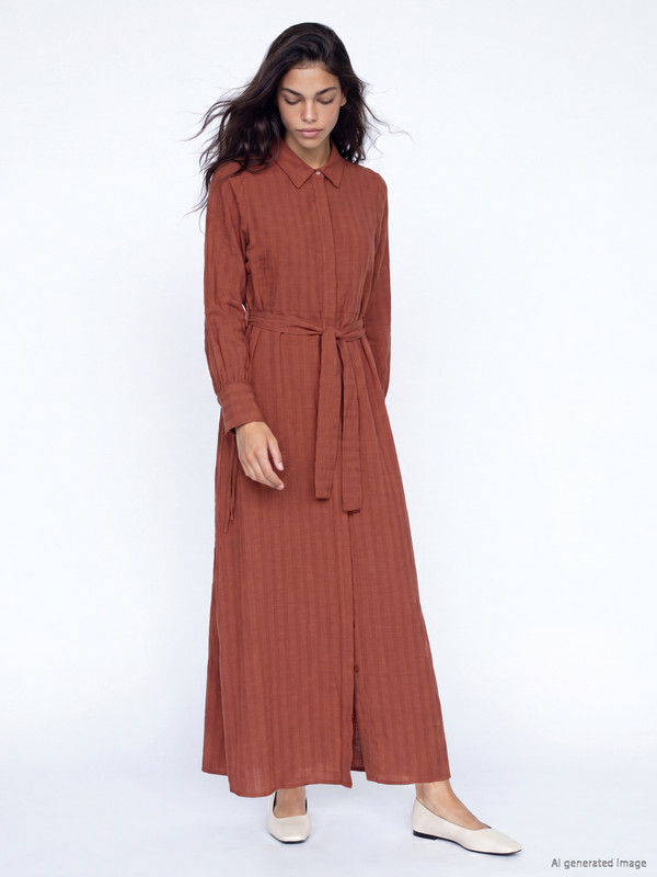 LCW Modest Waist Belted Linen Blend Shirt Dress