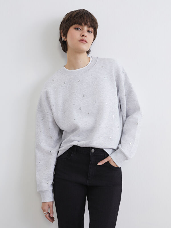 XSIDE Bisiklet Yaka Taşlı Kadın Kalın Sweatshirt