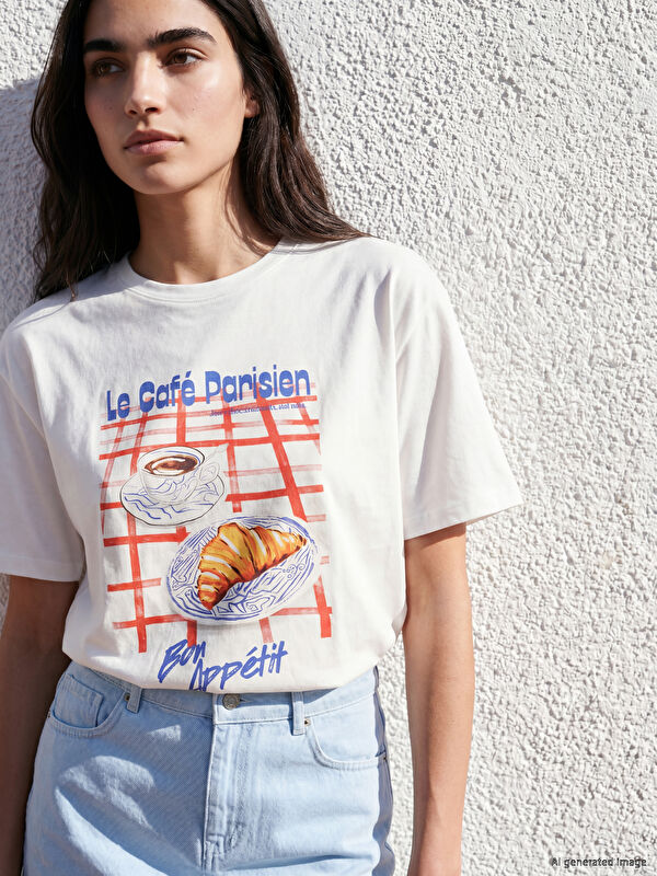 LCW Vision Bisiklet Yaka Baskılı Oversize Kadın Tişört