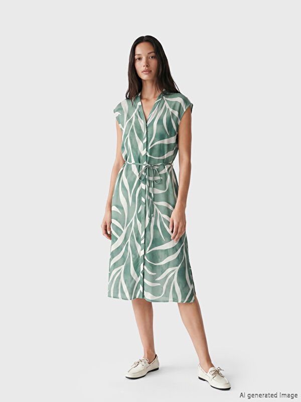 LCW EVERYDAY V Neck Leaf Patterned A-Line Dress