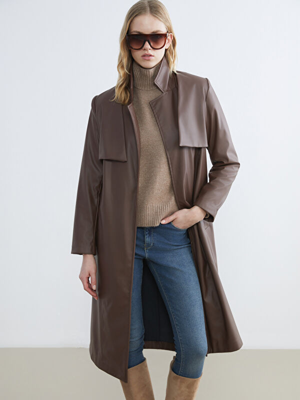 LCW Vision Notch Lapel Women's Faux Leather Trench Coat