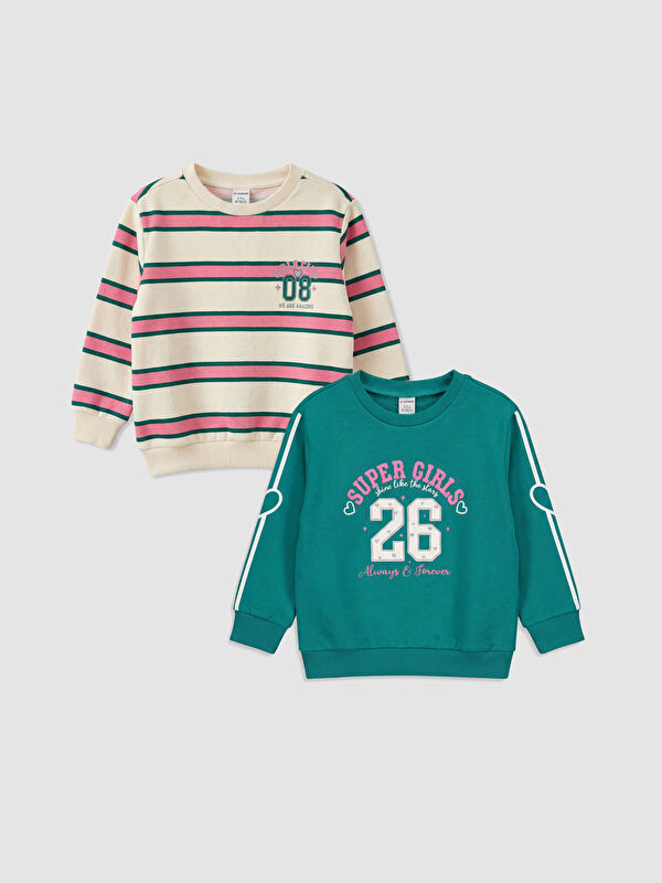 LCW Kids Lot de 2 Sweat-shirts Épais à Col Rond Imprimés pour Filles