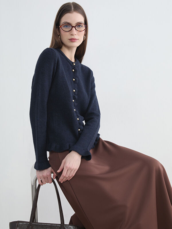 LCW Modest Bisiklet Yaka Fırfırlı Kadın Triko Hırka