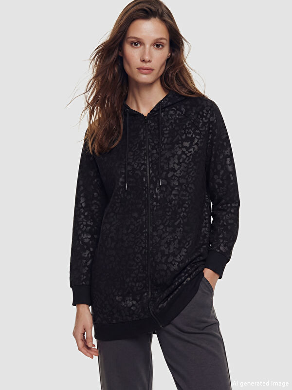 LCW Modest Kapüşonlu Desenli Kadın Fermuarlı Sweatshirt