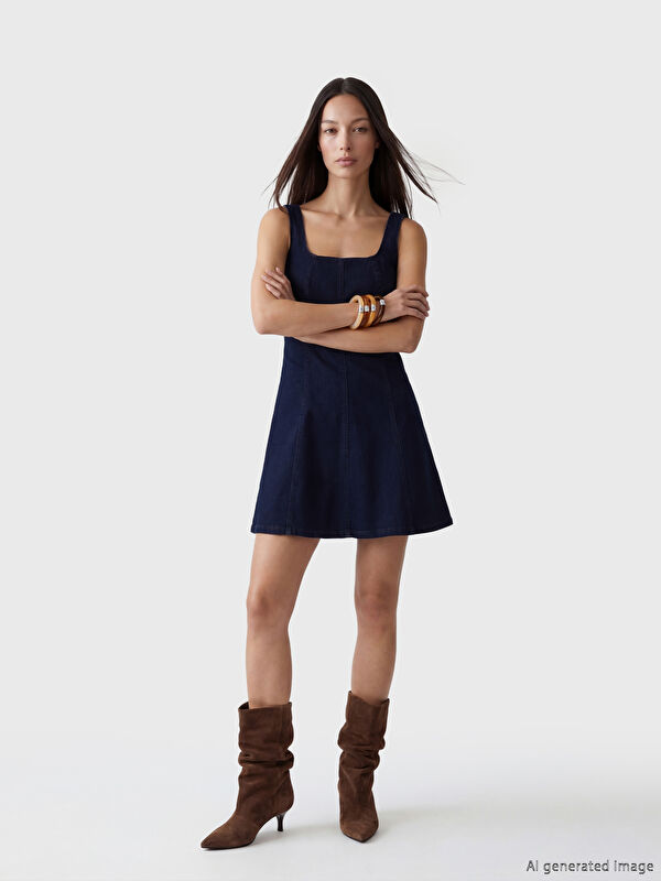 LCWAIKIKI Classic Square Neck Fitted Waist Mini Denim Dress