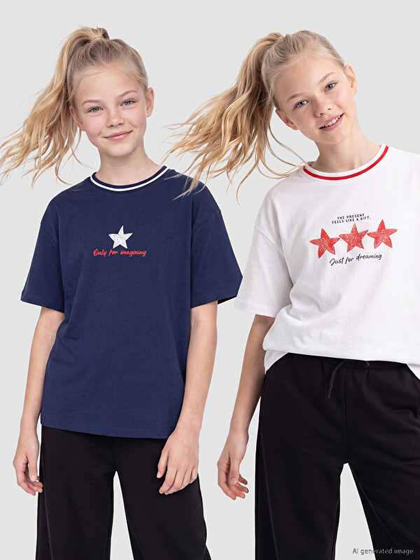 LCW Kids Bisiklet Yaka Kız Çocuk Tişört 2'li