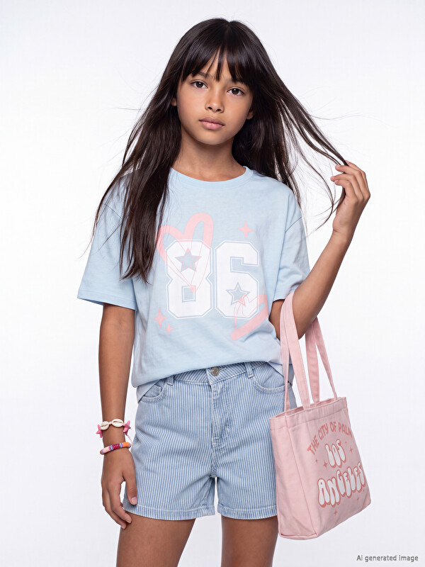 LCW Kids Loose Fit Crew Neck Printed Girls' T-Shirt