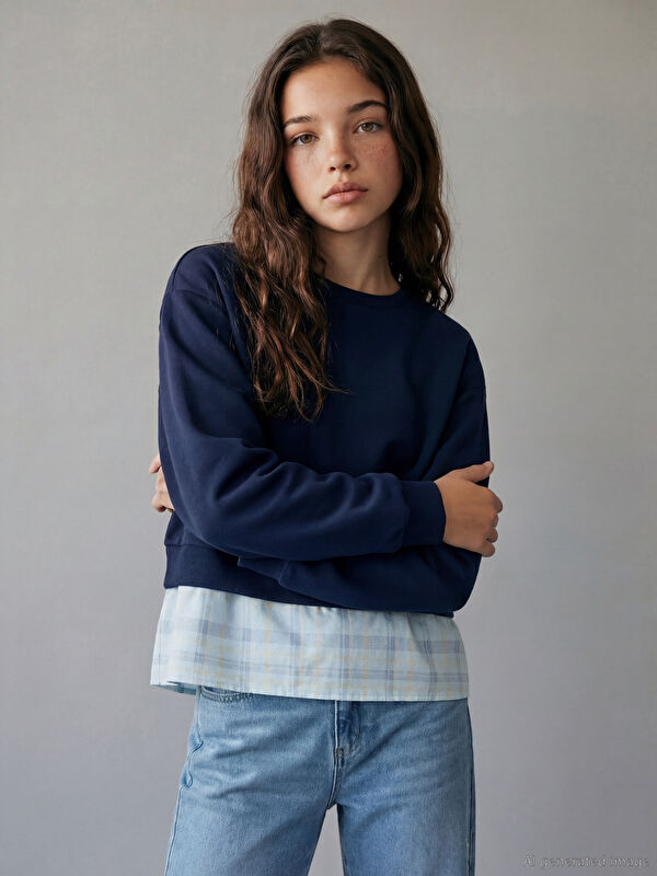 LCW Kids Gömlek Görünümlü Kız Çocuk Kalın Sweatshirt