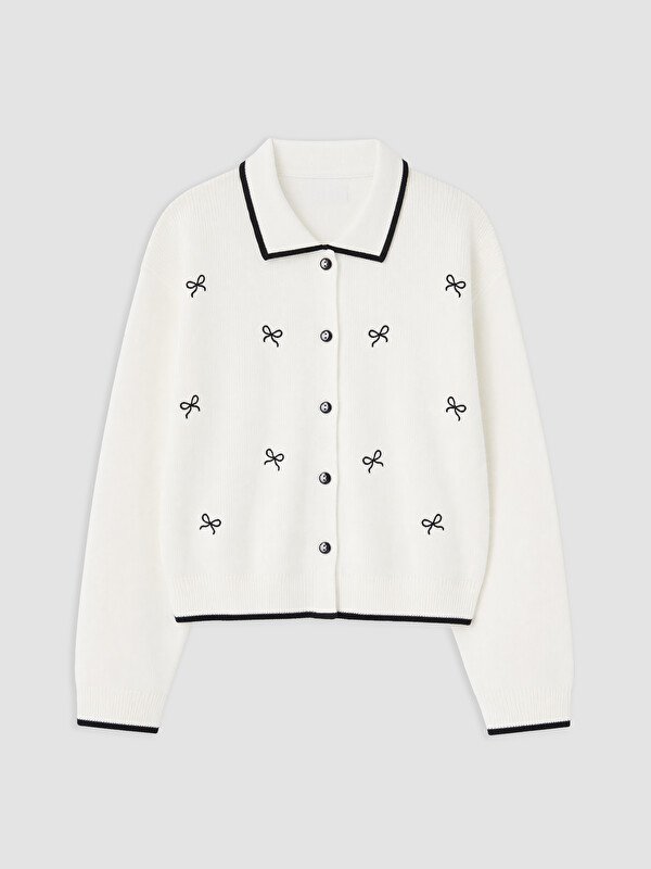 LCW Kids Polo Yaka Fiyonk Nakışlı Kız Çocuk Triko Hırka