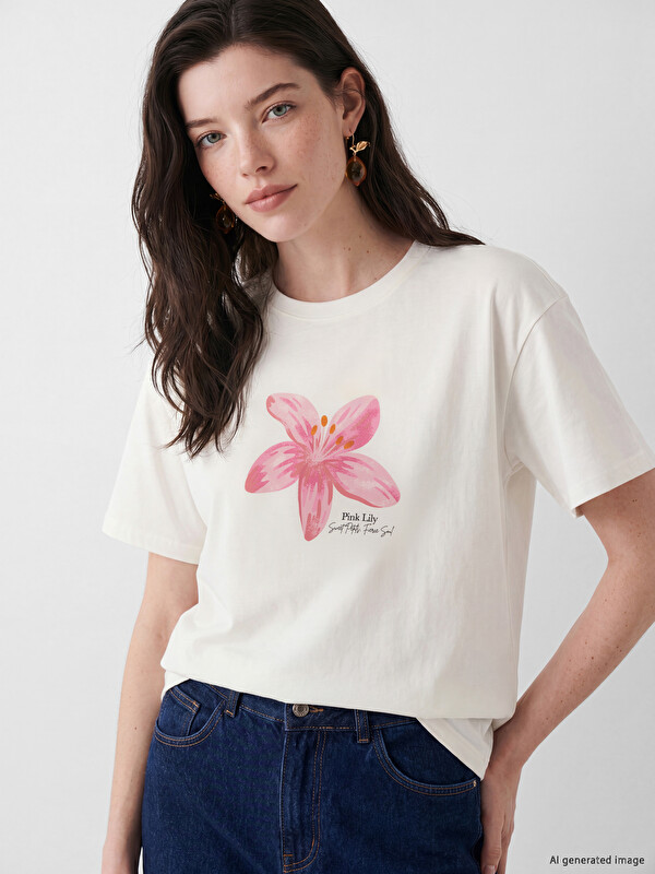 LCW Comfort Geblümt Bedruckt 100% Baumwolle Damen T-Shirt