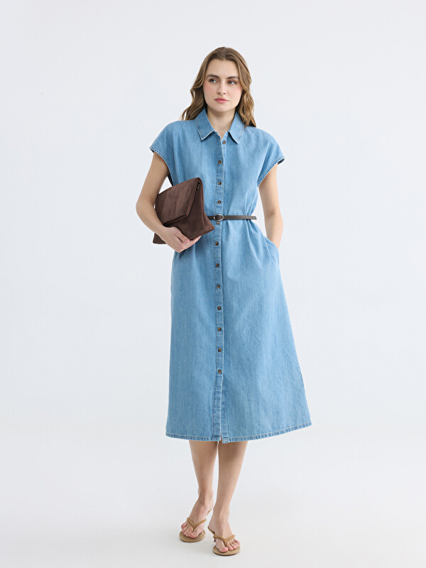 LCW EVERYDAY Shirt Collar Waist Belted Denim Dress