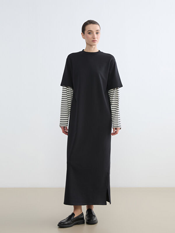 LCW Modest Bisiklet Yaka Çizgili Sweat Elbise	