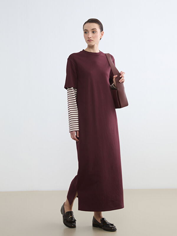 LCW Modest Bisiklet Yaka Çizgili Sweat Elbise	