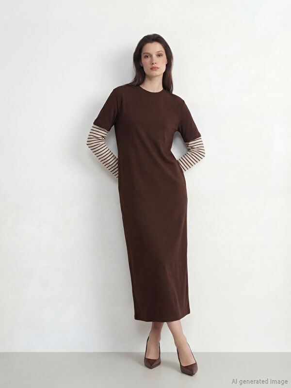 LCW Modest Bisiklet Yaka Çizgili Sweat Elbise	